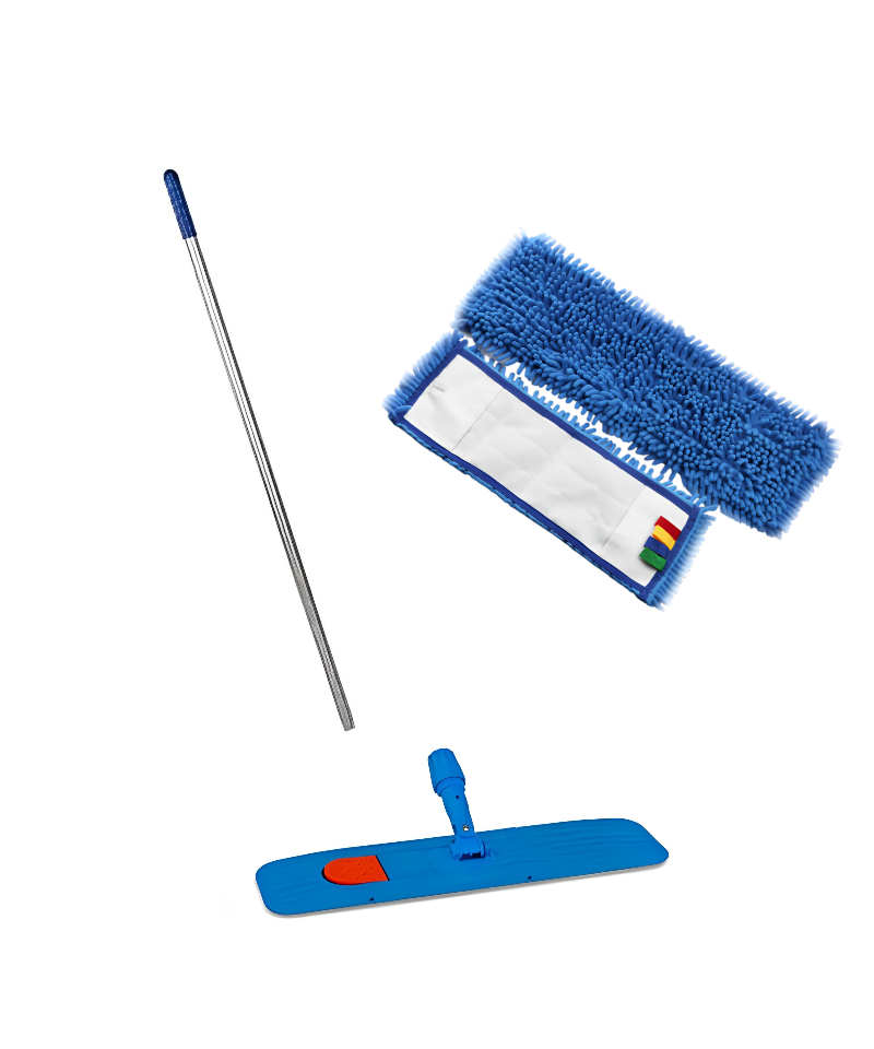 Grindų plovimo komplektas su CHENILLE mėlyna šluoste, 40 cm (aliuminis kotas, laikiklis, šluostė)