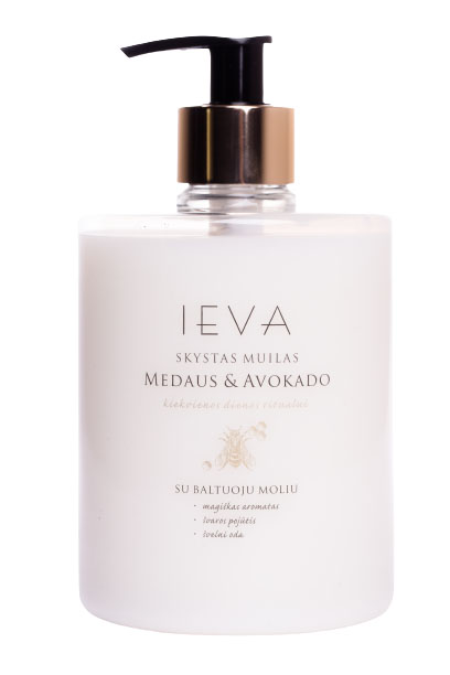 Skystas muilas IEVA MEDAUS IR AVOKADO 0,5 l